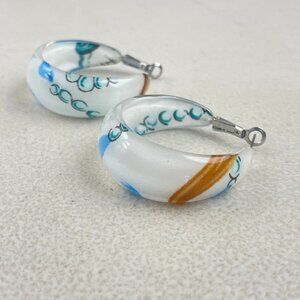 Vintage Colorful Hoop Earrings White Blue Red Bead Tassel Print Pierced Latched